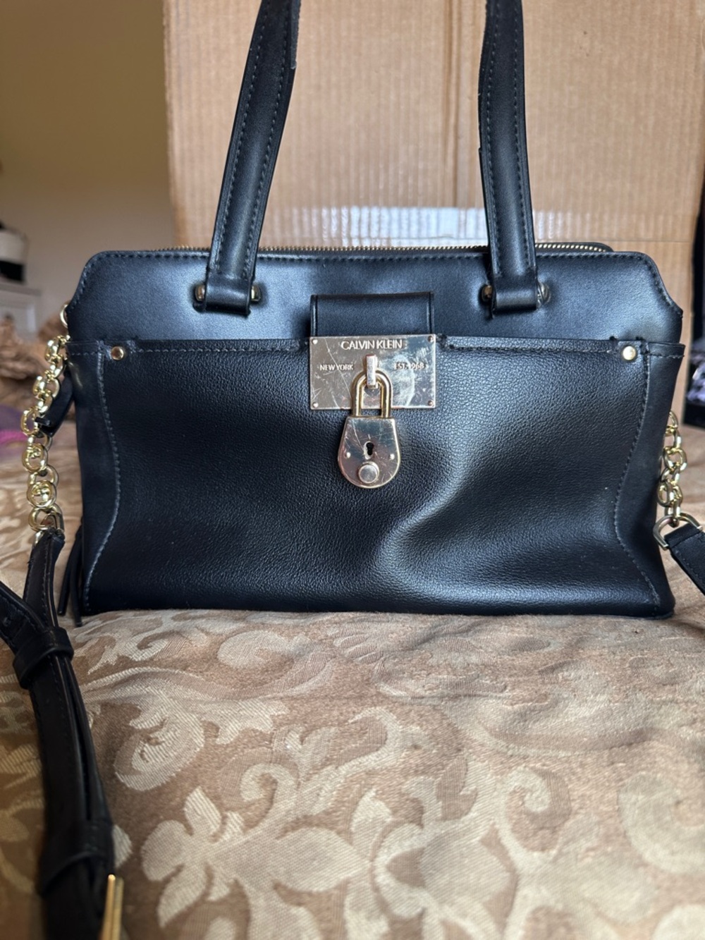Calvin Klein Black Satchel with Gold Chain Strap